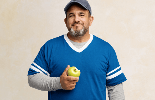 Man with NASH with liver scarring holding an apple and smiling